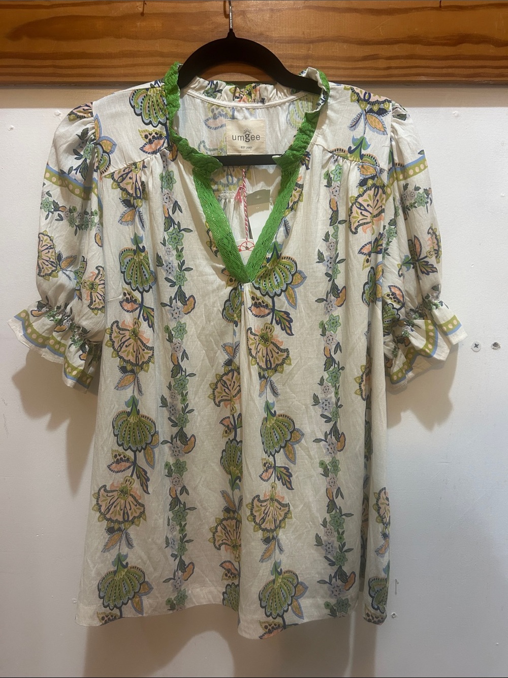 Umgee Cream and Floral V neck Blouse with Green Trim